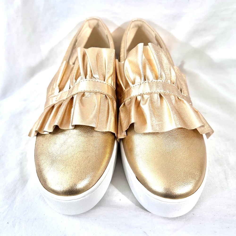 Michael Kors New Bella Sip on Ruffle Metallic Leather Platform Flats - Picture 7 of 17